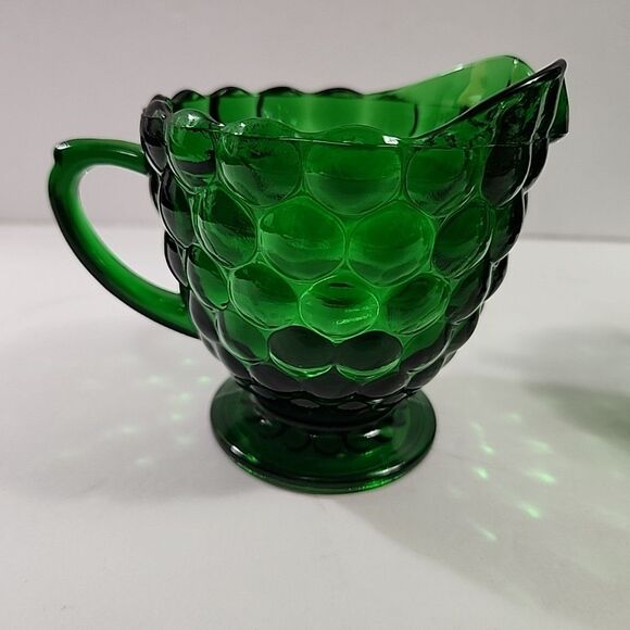Set Of 4 Vtg Anchor Hocking Forest Green Bubble Glass (2) Cups + Cream & Sugar - Picture 10 of 16